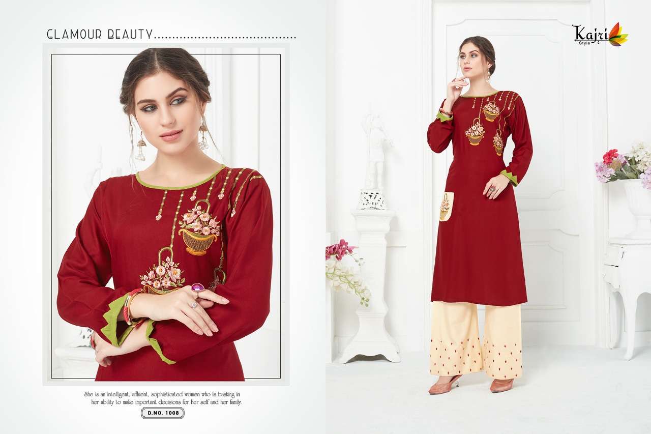NOOR VOL-5 BY KAJRI STYLE 1001 TO 1008 SERIES BEAUTIFUL COLORFUL STYLISH FANCY CASUAL WEAR & ETHNIC WEAR & READY TO WEAR RAYON WITH HEAVY WORK KURTIS AT WHOLESALE PRICE