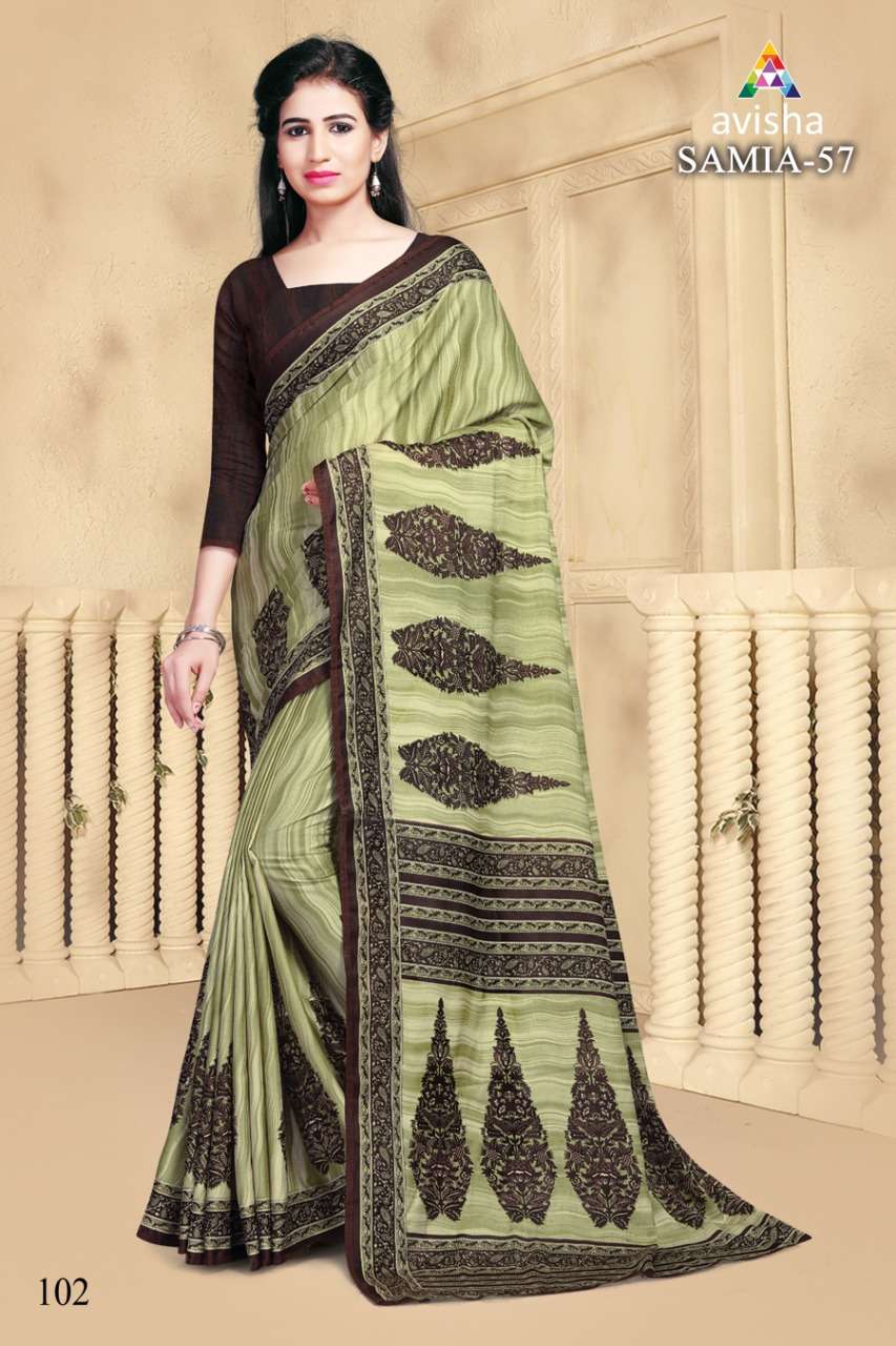 SAMIA VOL-57 BY AVISHA 101 TO 104 SERIES INDIAN TRADITIONAL WEAR COLLECTION BEAUTIFUL STYLISH FANCY COLORFUL PARTY WEAR & OCCASIONAL WEAR DYNA SILK PRINTED SAREES AT WHOLESALE PRICE