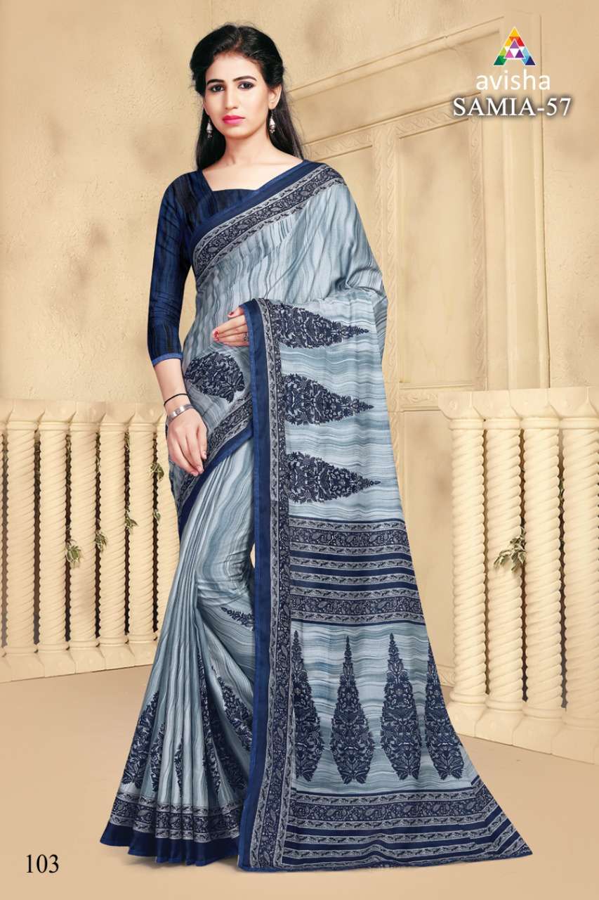 SAMIA VOL-57 BY AVISHA 101 TO 104 SERIES INDIAN TRADITIONAL WEAR COLLECTION BEAUTIFUL STYLISH FANCY COLORFUL PARTY WEAR & OCCASIONAL WEAR DYNA SILK PRINTED SAREES AT WHOLESALE PRICE