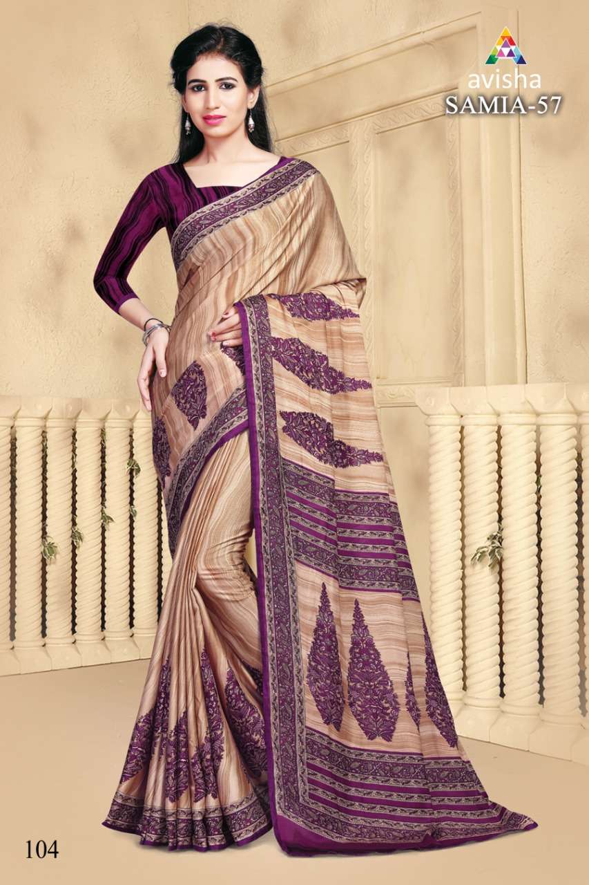 SAMIA VOL-57 BY AVISHA 101 TO 104 SERIES INDIAN TRADITIONAL WEAR COLLECTION BEAUTIFUL STYLISH FANCY COLORFUL PARTY WEAR & OCCASIONAL WEAR DYNA SILK PRINTED SAREES AT WHOLESALE PRICE