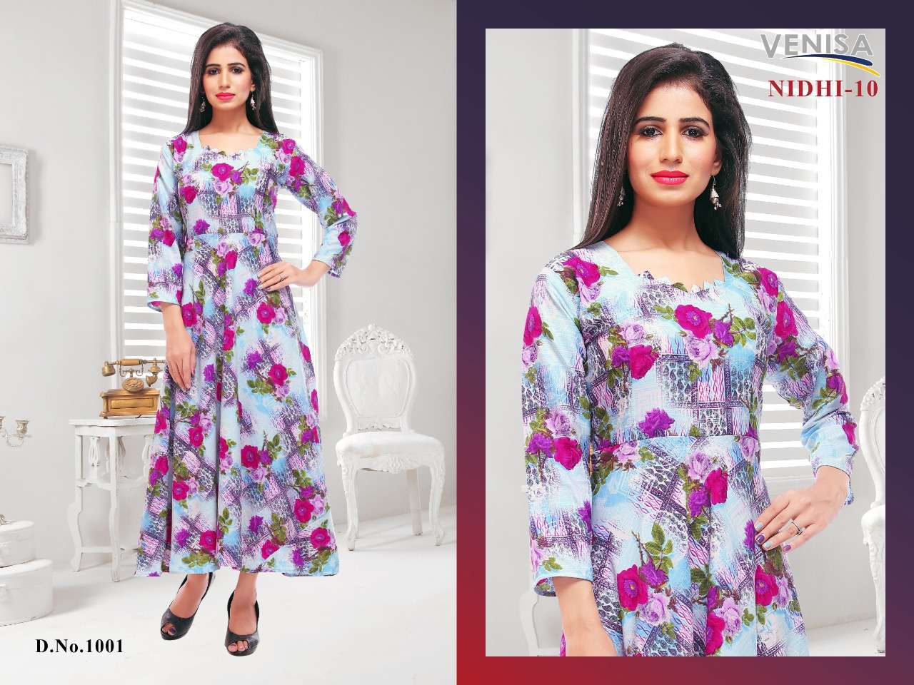 NIDHI VOL-10 BY VENISA 1001 TO 1004 SERIES BEAUTIFUL STYLISH FANCY COLORFUL CASUAL WEAR & ETHNIC WEAR & READY TO WEAR 14 KG HEAVY RAYON PRINTED KURTIS AT WHOLESALE PRICE