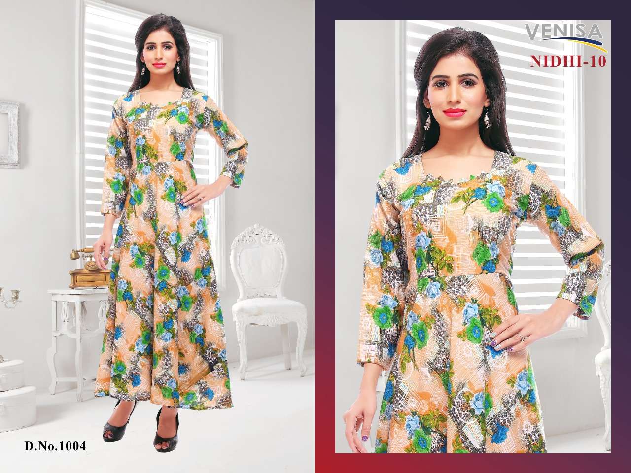 NIDHI VOL-10 BY VENISA 1001 TO 1004 SERIES BEAUTIFUL STYLISH FANCY COLORFUL CASUAL WEAR & ETHNIC WEAR & READY TO WEAR 14 KG HEAVY RAYON PRINTED KURTIS AT WHOLESALE PRICE