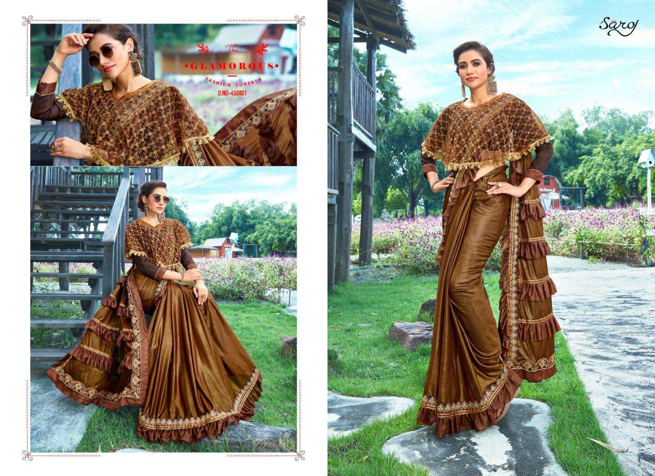 HUNNY BUNNY BY SAROJ SAREE 450001 TO 450006 SERIES INDIAN TRADITIONAL WEAR COLLECTION BEAUTIFUL STYLISH FANCY COLORFUL PARTY WEAR & OCCASIONAL WEAR IMPORTED HEAVY LYCRA SAREES AT WHOLESALE PRICE