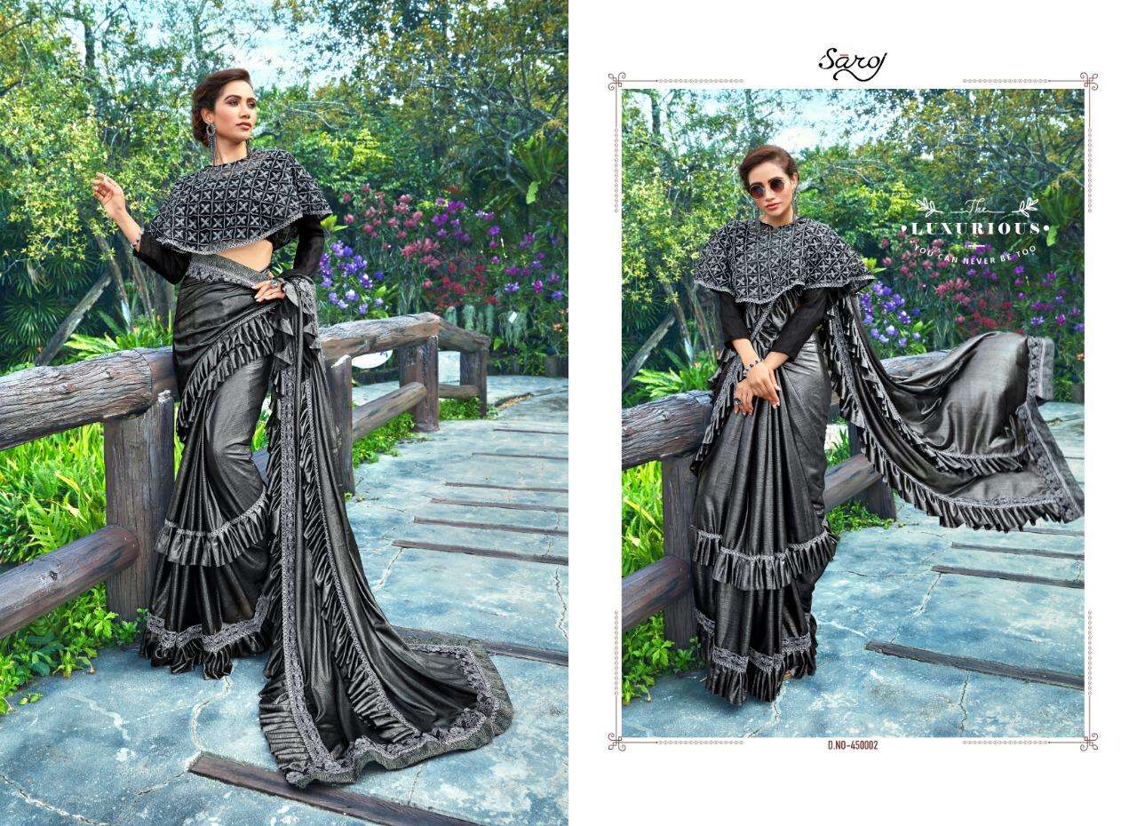 HUNNY BUNNY BY SAROJ SAREE 450001 TO 450006 SERIES INDIAN TRADITIONAL WEAR COLLECTION BEAUTIFUL STYLISH FANCY COLORFUL PARTY WEAR & OCCASIONAL WEAR IMPORTED HEAVY LYCRA SAREES AT WHOLESALE PRICE