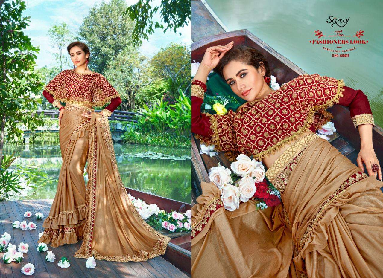 HUNNY BUNNY BY SAROJ SAREE 450001 TO 450006 SERIES INDIAN TRADITIONAL WEAR COLLECTION BEAUTIFUL STYLISH FANCY COLORFUL PARTY WEAR & OCCASIONAL WEAR IMPORTED HEAVY LYCRA SAREES AT WHOLESALE PRICE