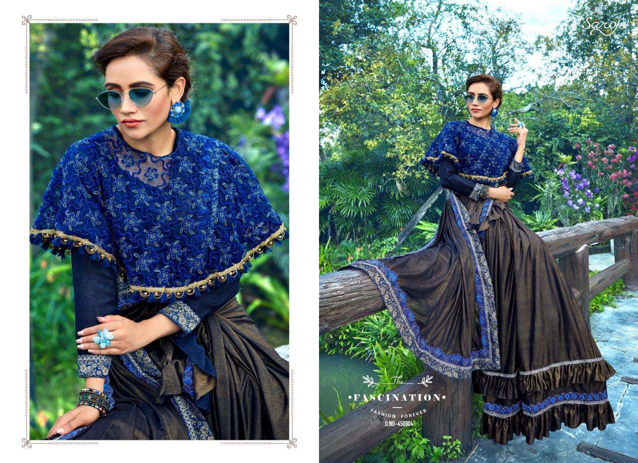 HUNNY BUNNY BY SAROJ SAREE 450001 TO 450006 SERIES INDIAN TRADITIONAL WEAR COLLECTION BEAUTIFUL STYLISH FANCY COLORFUL PARTY WEAR & OCCASIONAL WEAR IMPORTED HEAVY LYCRA SAREES AT WHOLESALE PRICE