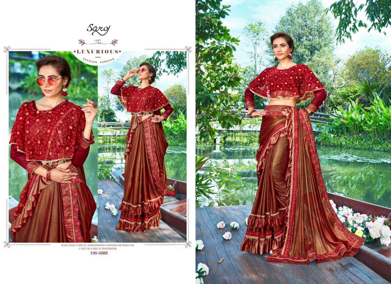 HUNNY BUNNY BY SAROJ SAREE 450001 TO 450006 SERIES INDIAN TRADITIONAL WEAR COLLECTION BEAUTIFUL STYLISH FANCY COLORFUL PARTY WEAR & OCCASIONAL WEAR IMPORTED HEAVY LYCRA SAREES AT WHOLESALE PRICE