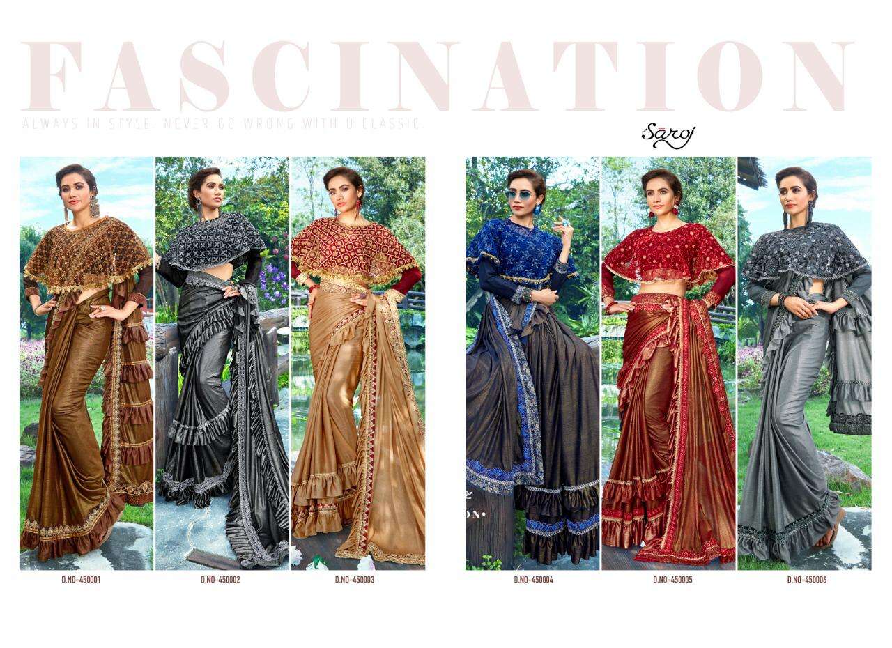 HUNNY BUNNY BY SAROJ SAREE 450001 TO 450006 SERIES INDIAN TRADITIONAL WEAR COLLECTION BEAUTIFUL STYLISH FANCY COLORFUL PARTY WEAR & OCCASIONAL WEAR IMPORTED HEAVY LYCRA SAREES AT WHOLESALE PRICE