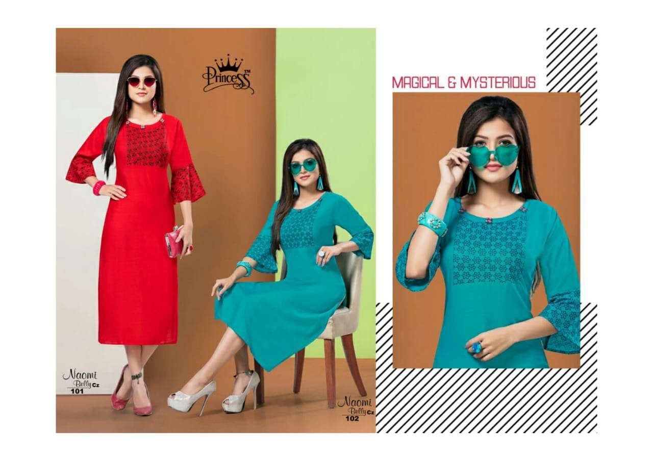 NAOMI BELLY BY PRINCESS 101 TO 112 SERIES BEAUTIFUL COLORFUL STYLISH FANCY CASUAL WEAR & ETHNIC WEAR & READY TO WEAR SLUB RAYON KURTIS AT WHOLESALE PRICE