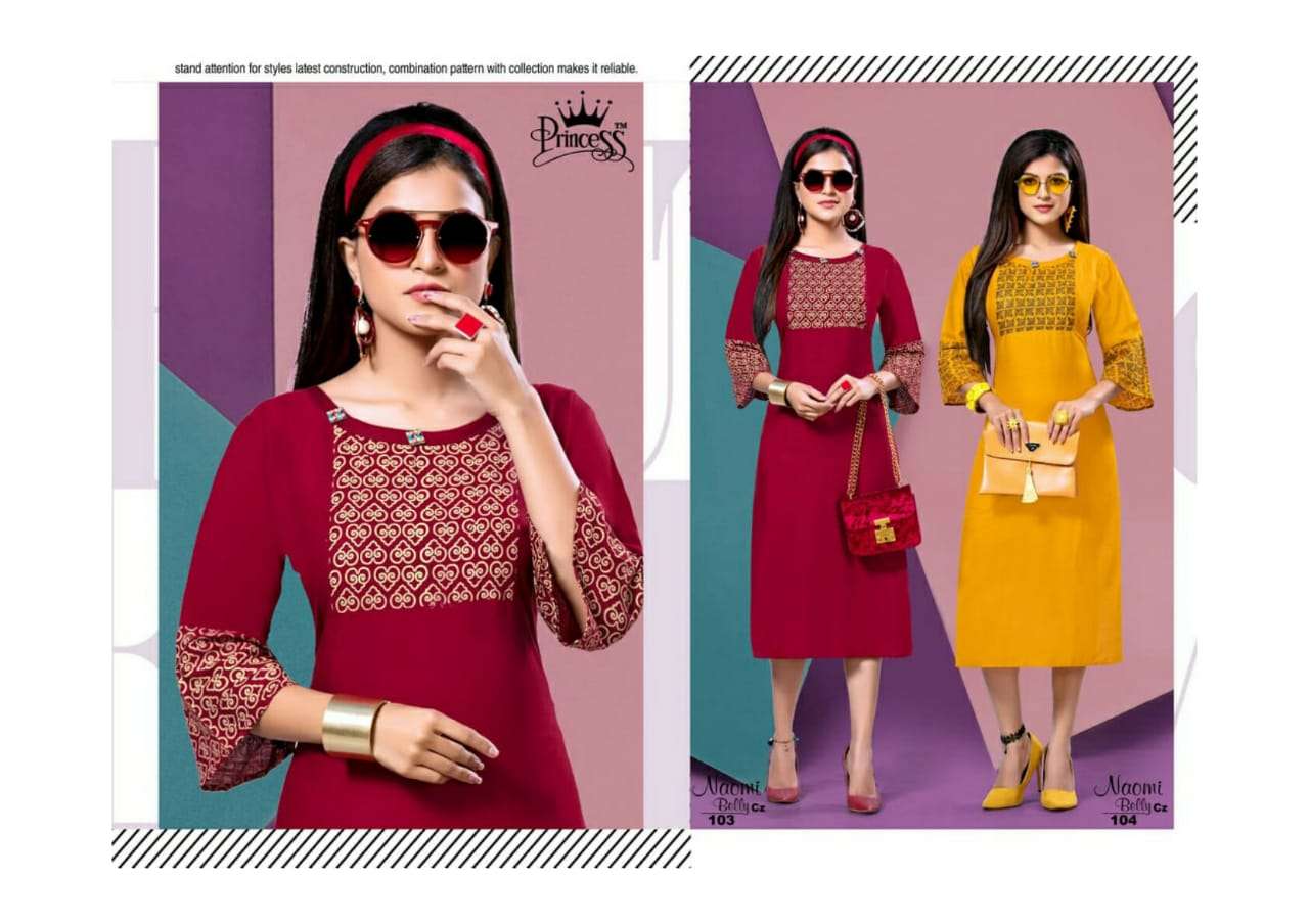 NAOMI BELLY BY PRINCESS 101 TO 112 SERIES BEAUTIFUL COLORFUL STYLISH FANCY CASUAL WEAR & ETHNIC WEAR & READY TO WEAR SLUB RAYON KURTIS AT WHOLESALE PRICE