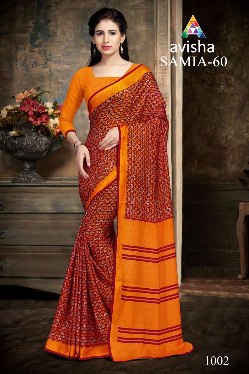SAMIA VOL-60 BY AVISHA 1001 TO 1004 SERIES INDIAN TRADITIONAL WEAR COLLECTION BEAUTIFUL STYLISH FANCY COLORFUL PARTY WEAR & OCCASIONAL WEAR DYNA SILK PRINTED SAREES AT WHOLESALE PRICE