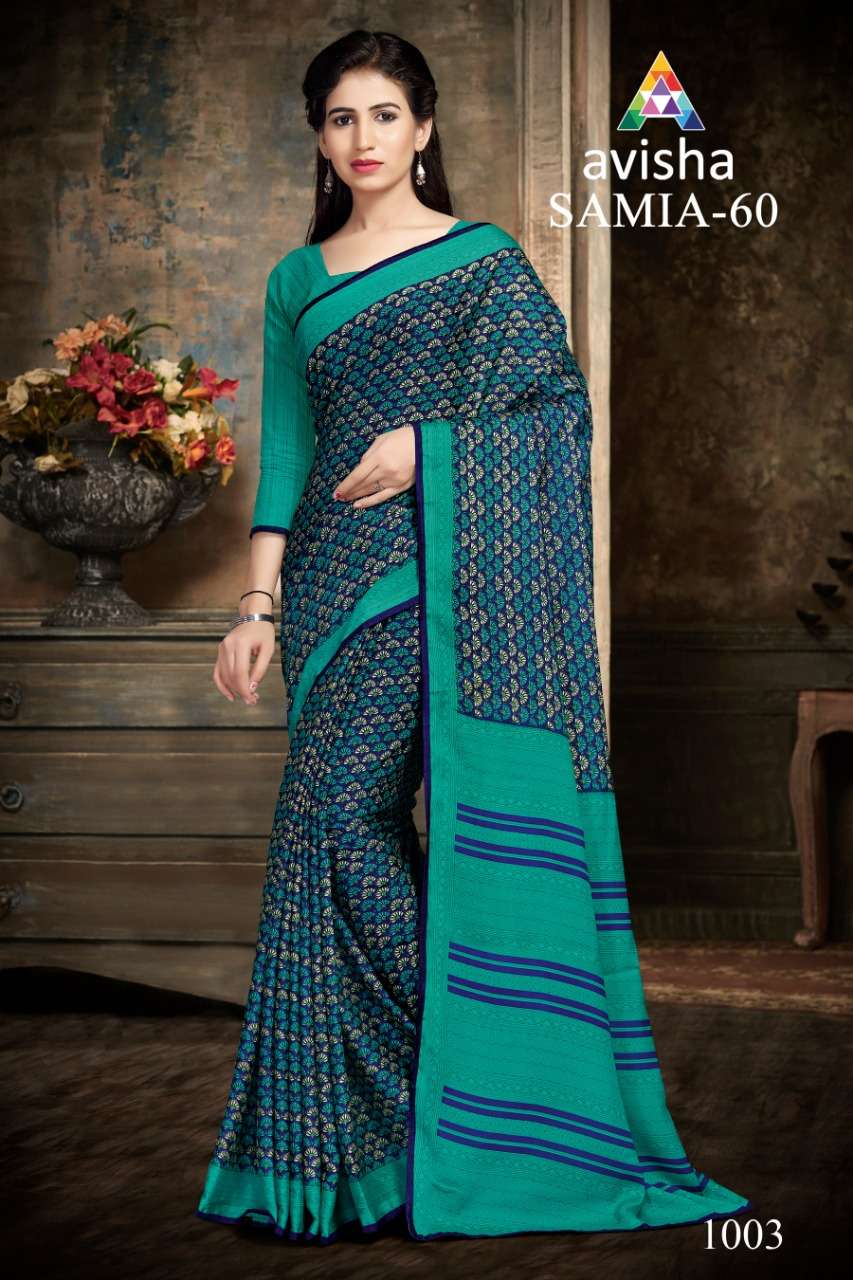 SAMIA VOL-60 BY AVISHA 1001 TO 1004 SERIES INDIAN TRADITIONAL WEAR COLLECTION BEAUTIFUL STYLISH FANCY COLORFUL PARTY WEAR & OCCASIONAL WEAR DYNA SILK PRINTED SAREES AT WHOLESALE PRICE