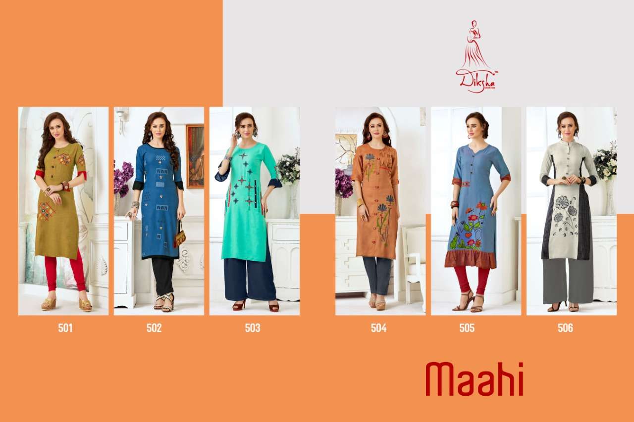 MAAHI VOL-5 BY DIKSHA FASHION 501 TO 506 SERIES BEAUTIFUL COLORFUL STYLISH FANCY CASUAL WEAR & ETHNIC WEAR & READY TO WEAR 14 KG CROSS SILK RAYON KURTIS AT WHOLESALE PRICE