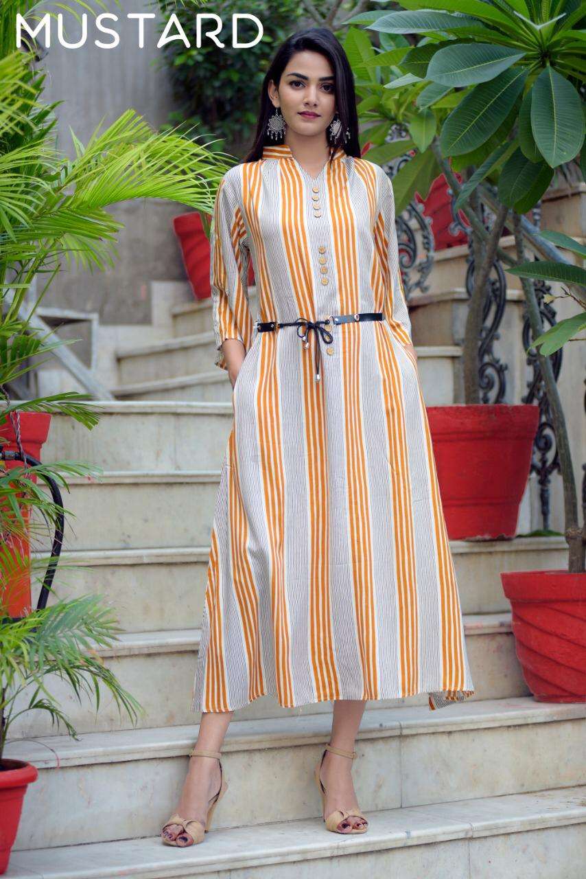 BELLS & BELTS VOL-2 BY MUSTARD 01 TO 05 SERIES DESIGNER STYLISH FANCY COLORFUL BEAUTIFUL PARTY WEAR & CASUAL & ETHNIC WEAR HEAVY RAYON PRINTED KURTIS WITH BELTS AT WHOLESALE PRICE