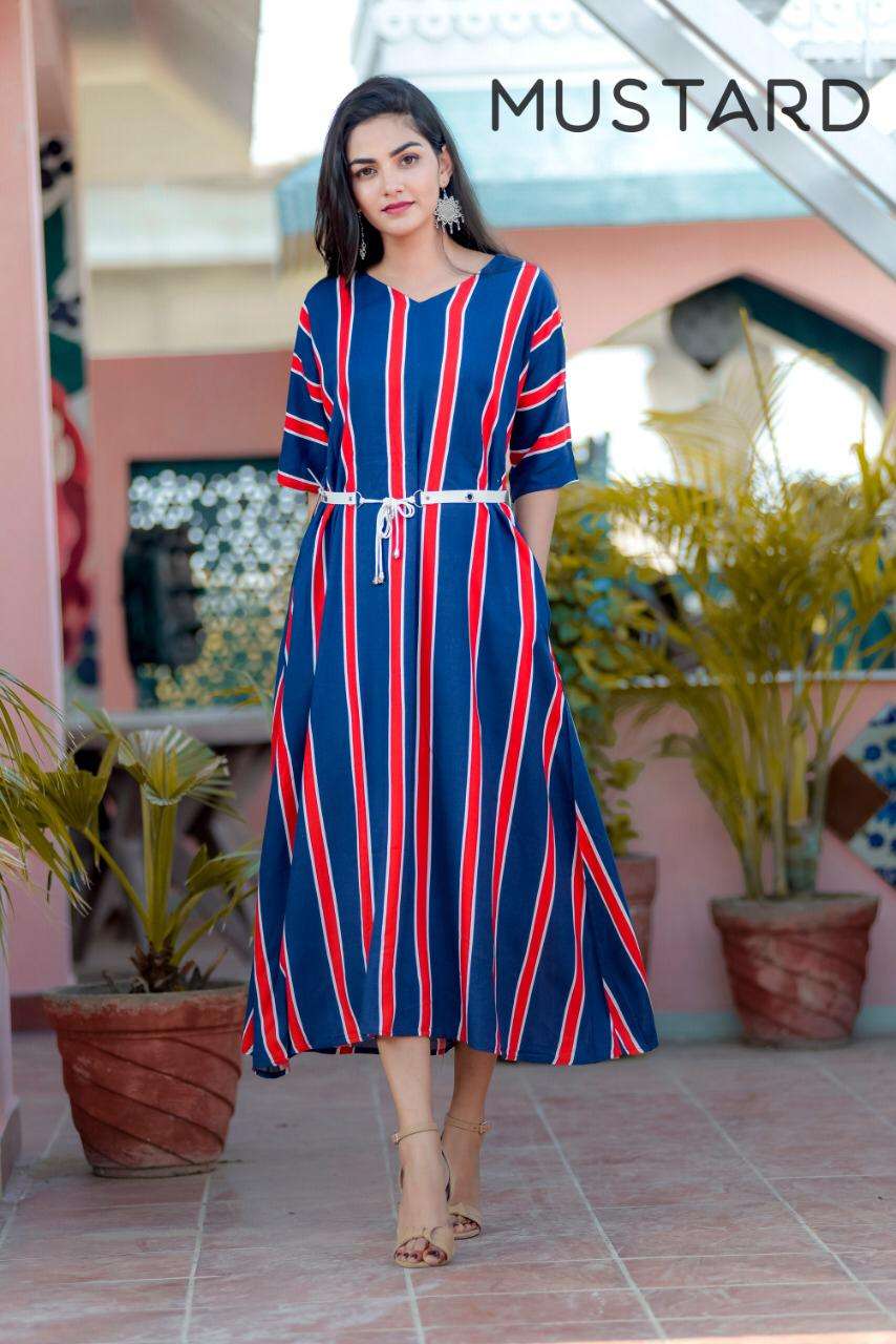 BELLS & BELTS VOL-2 BY MUSTARD 01 TO 05 SERIES DESIGNER STYLISH FANCY COLORFUL BEAUTIFUL PARTY WEAR & CASUAL & ETHNIC WEAR HEAVY RAYON PRINTED KURTIS WITH BELTS AT WHOLESALE PRICE