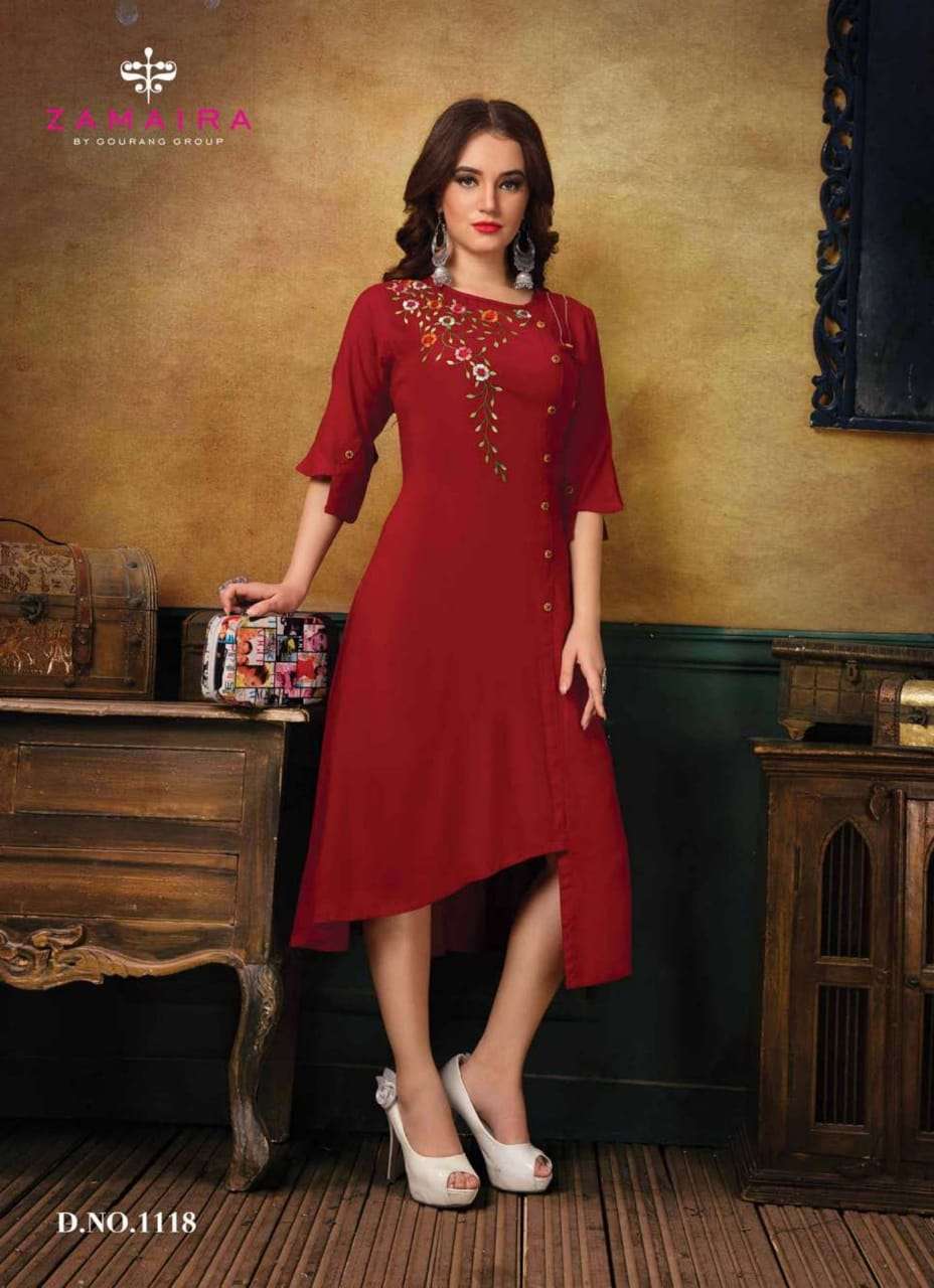 GEE-AARYA BY ZAMAIRA 1118 TO 1118 SERIES BEAUTIFUL STYLISH FANCY COLORFUL CASUAL WEAR & ETHNIC WEAR & READY TO WEAR RAYON EMBROIDERY KURTI AT WHOLESALE PRICE