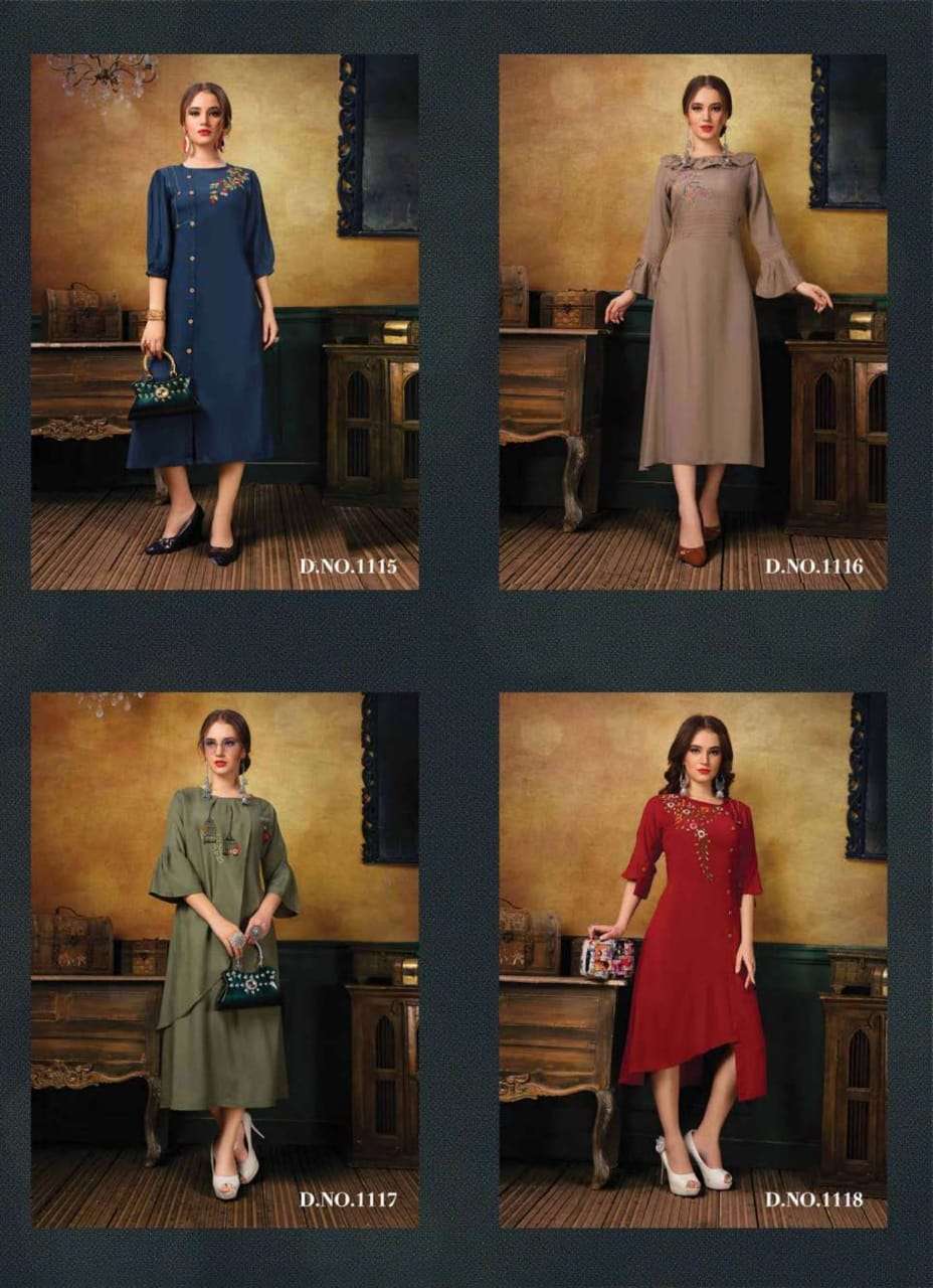 GEE-AARYA BY ZAMAIRA 1118 TO 1118 SERIES BEAUTIFUL STYLISH FANCY COLORFUL CASUAL WEAR & ETHNIC WEAR & READY TO WEAR RAYON EMBROIDERY KURTI AT WHOLESALE PRICE