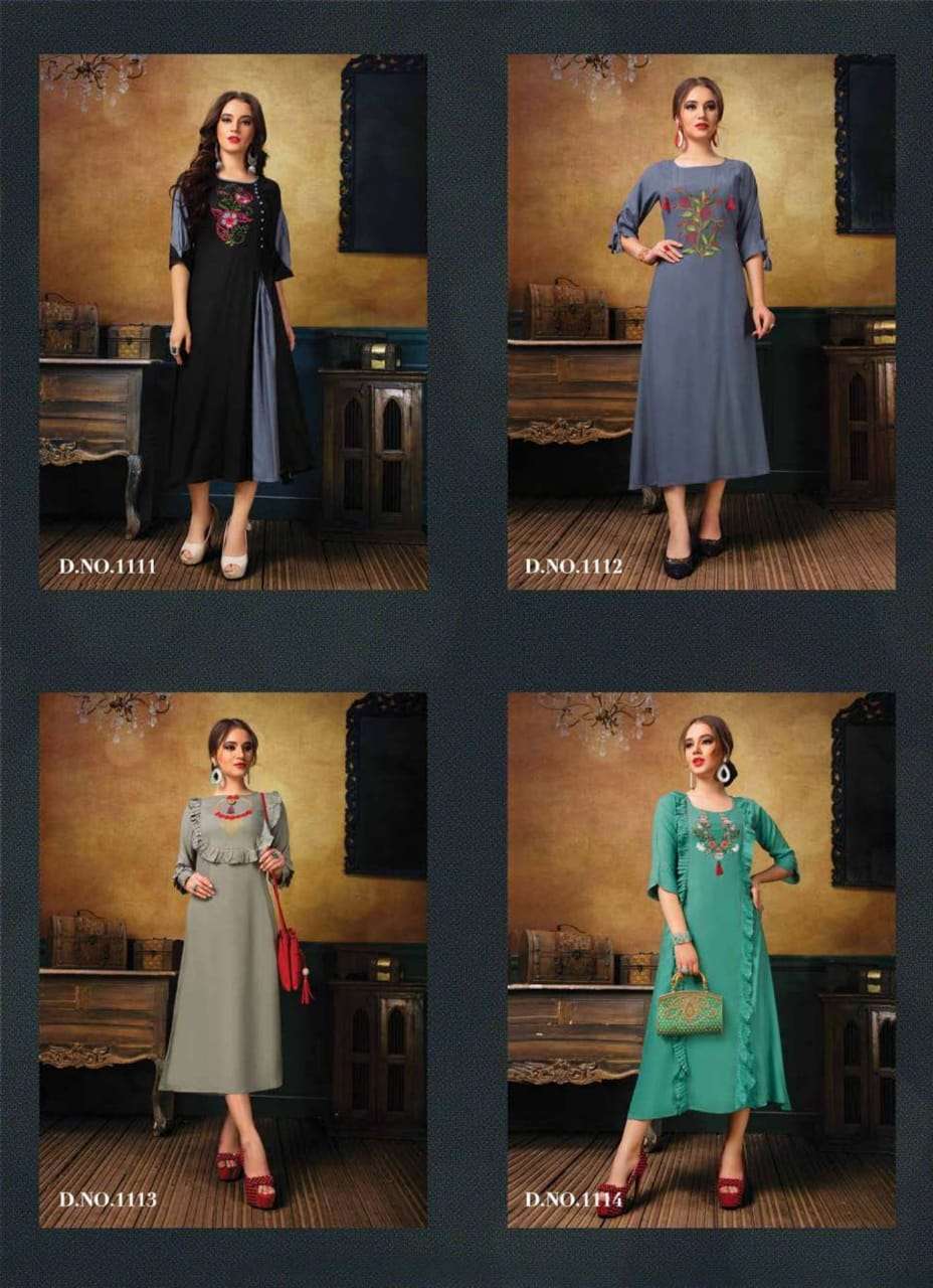 GEE-AARYA BY ZAMAIRA 1118 TO 1118 SERIES BEAUTIFUL STYLISH FANCY COLORFUL CASUAL WEAR & ETHNIC WEAR & READY TO WEAR RAYON EMBROIDERY KURTI AT WHOLESALE PRICE