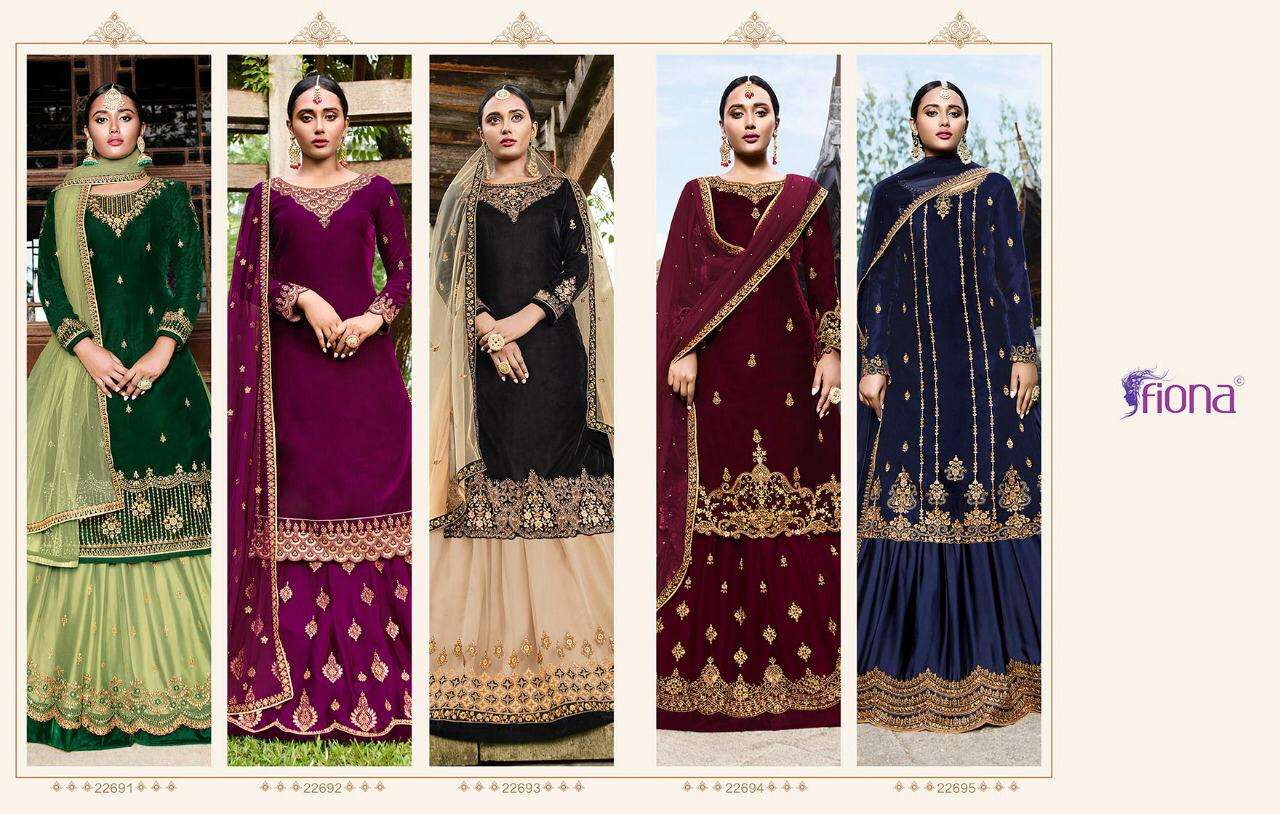 VELVET BY FIONA 22691 TO 22695 SERIES DESIGNER SHARARA SUITS COLLECTION BEAUTIFUL STYLISH FANCY COLORFUL PARTY WEAR & OCCASIONAL WEAR VELVET 9000 EMBROIDERY DRESSES AT WHOLESALE PRICE