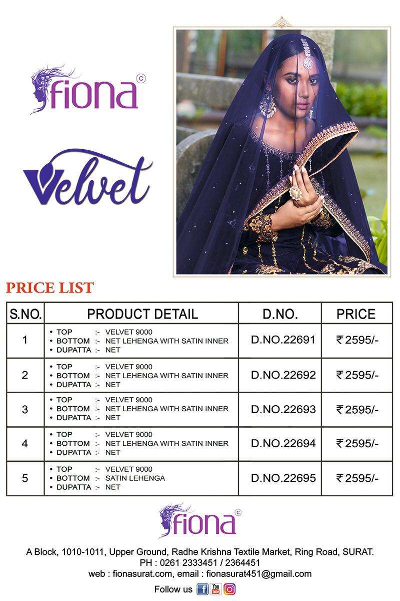 VELVET BY FIONA 22691 TO 22695 SERIES DESIGNER SHARARA SUITS COLLECTION BEAUTIFUL STYLISH FANCY COLORFUL PARTY WEAR & OCCASIONAL WEAR VELVET 9000 EMBROIDERY DRESSES AT WHOLESALE PRICE