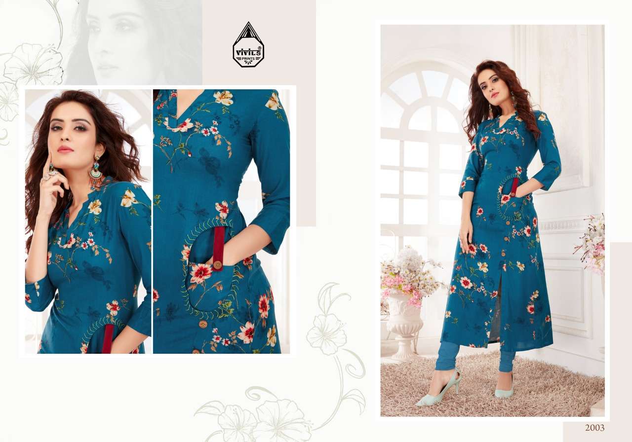KAASH VOL-2 BY VIVILS PRINTS 2001 TO 2007 SERIES BEAUTIFUL STYLISH FANCY COLORFUL CASUAL WEAR & ETHNIC WEAR & READY TO WEAR RAYON KURTI AT WHOLESALE PRICE