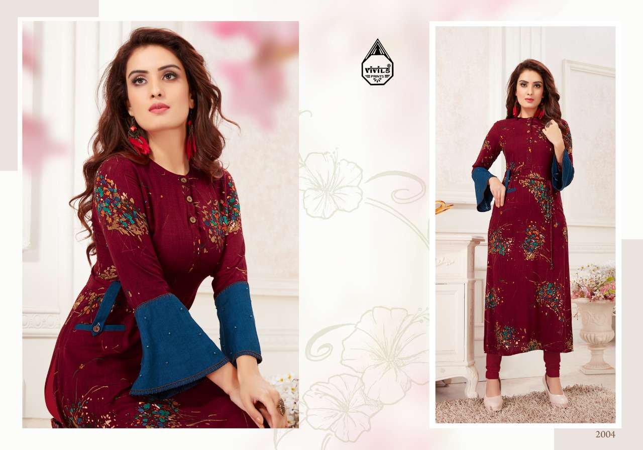 KAASH VOL-2 BY VIVILS PRINTS 2001 TO 2007 SERIES BEAUTIFUL STYLISH FANCY COLORFUL CASUAL WEAR & ETHNIC WEAR & READY TO WEAR RAYON KURTI AT WHOLESALE PRICE