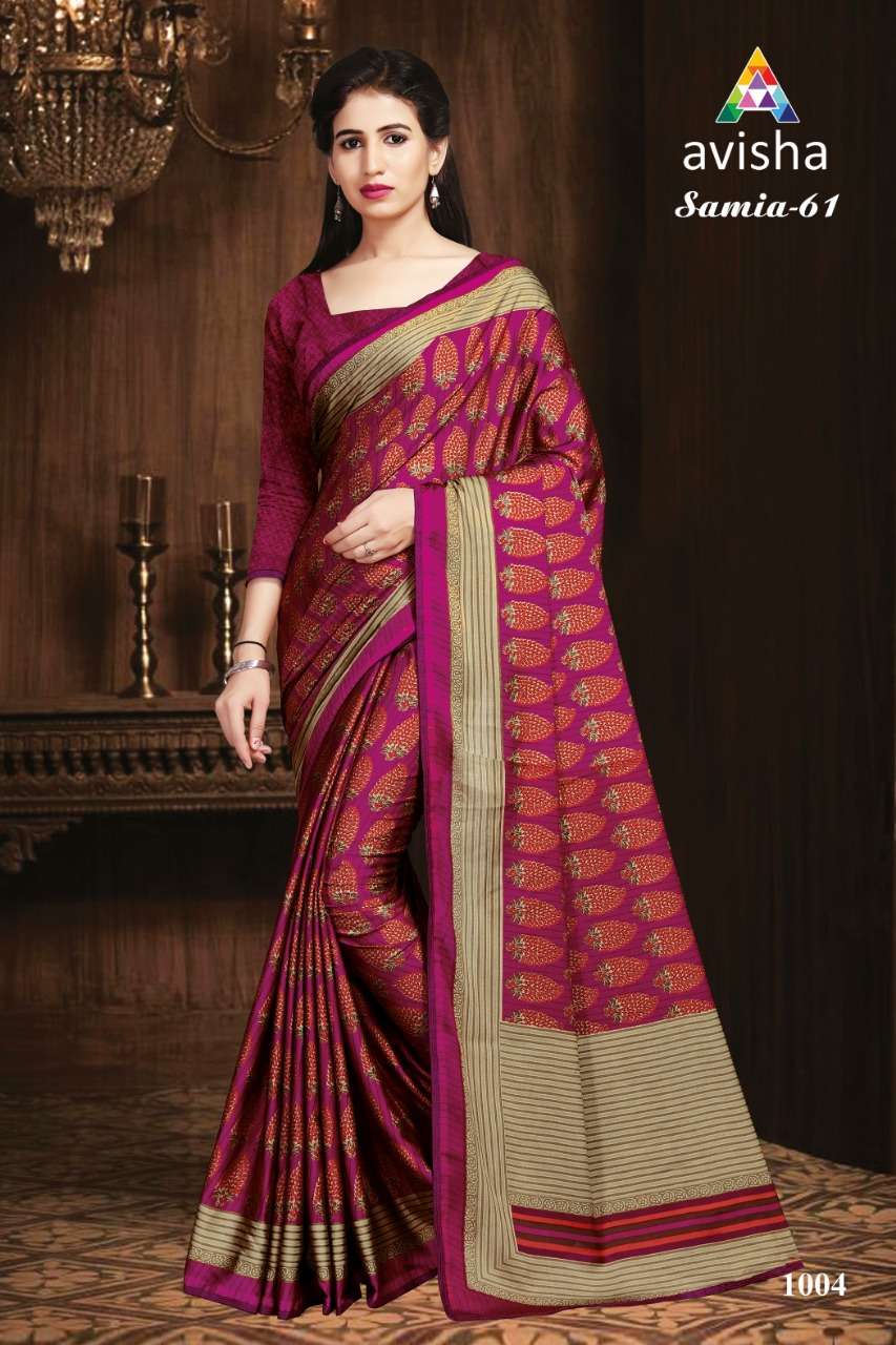 SAMIA VOL-61 BY AVISHA 1001 TO 1004 SERIES INDIAN TRADITIONAL WEAR COLLECTION BEAUTIFUL STYLISH FANCY COLORFUL PARTY WEAR & OCCASIONAL WEAR DYNA SILK SAREES AT WHOLESALE PRICE