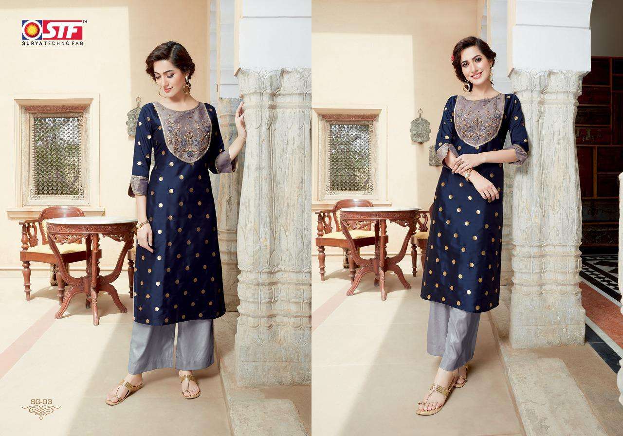 SANGHINI BY SURYA TECHNO FAB 01 TO 08 SERIES BEAUTIFUL STYLISH FANCY COLORFUL CASUAL WEAR & ETHNIC WEAR & READY TO WEAR SILK JACQUARD WITH ASTER KURTIS AT WHOLESALE PRICE