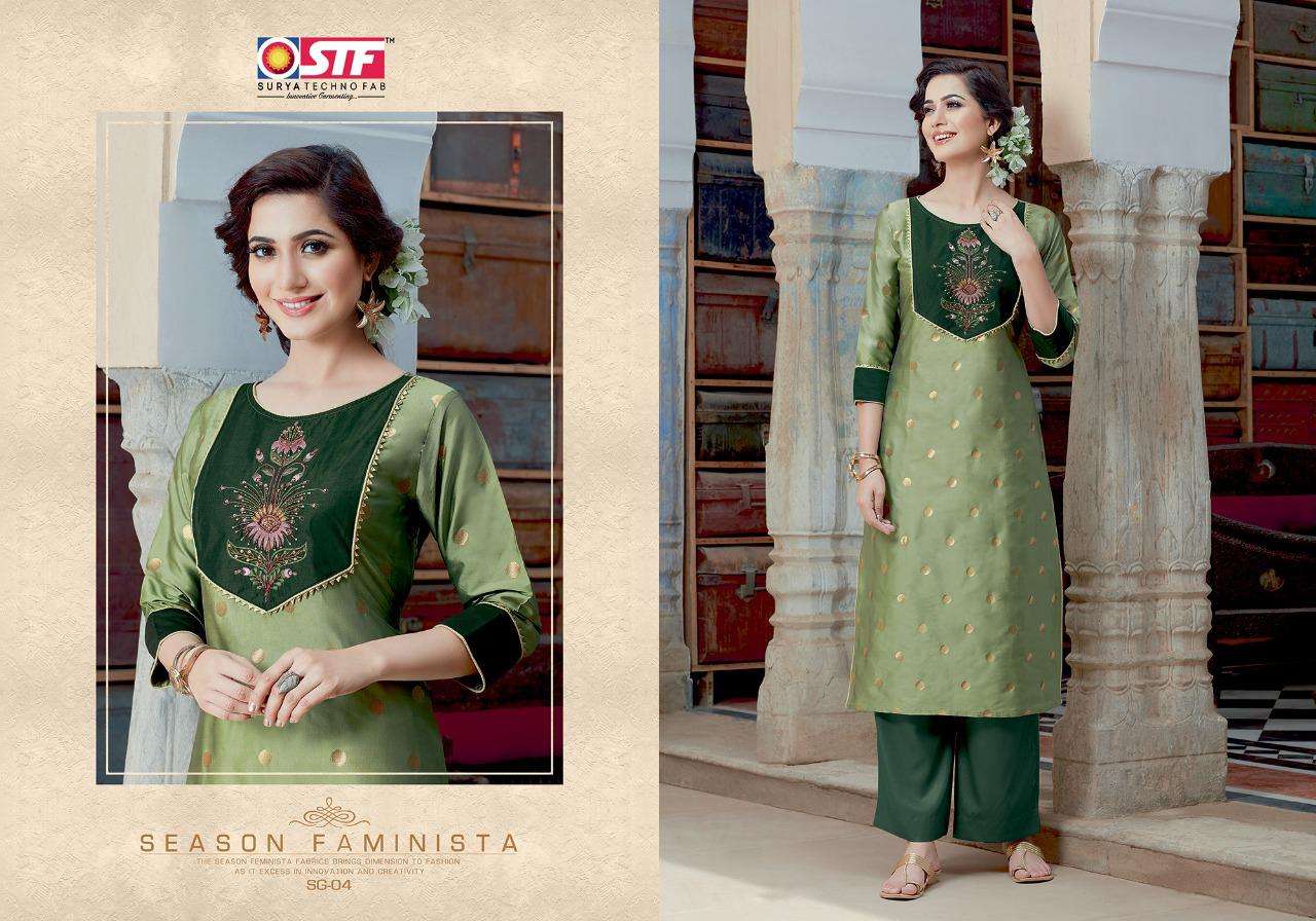 SANGHINI BY SURYA TECHNO FAB 01 TO 08 SERIES BEAUTIFUL STYLISH FANCY COLORFUL CASUAL WEAR & ETHNIC WEAR & READY TO WEAR SILK JACQUARD WITH ASTER KURTIS AT WHOLESALE PRICE