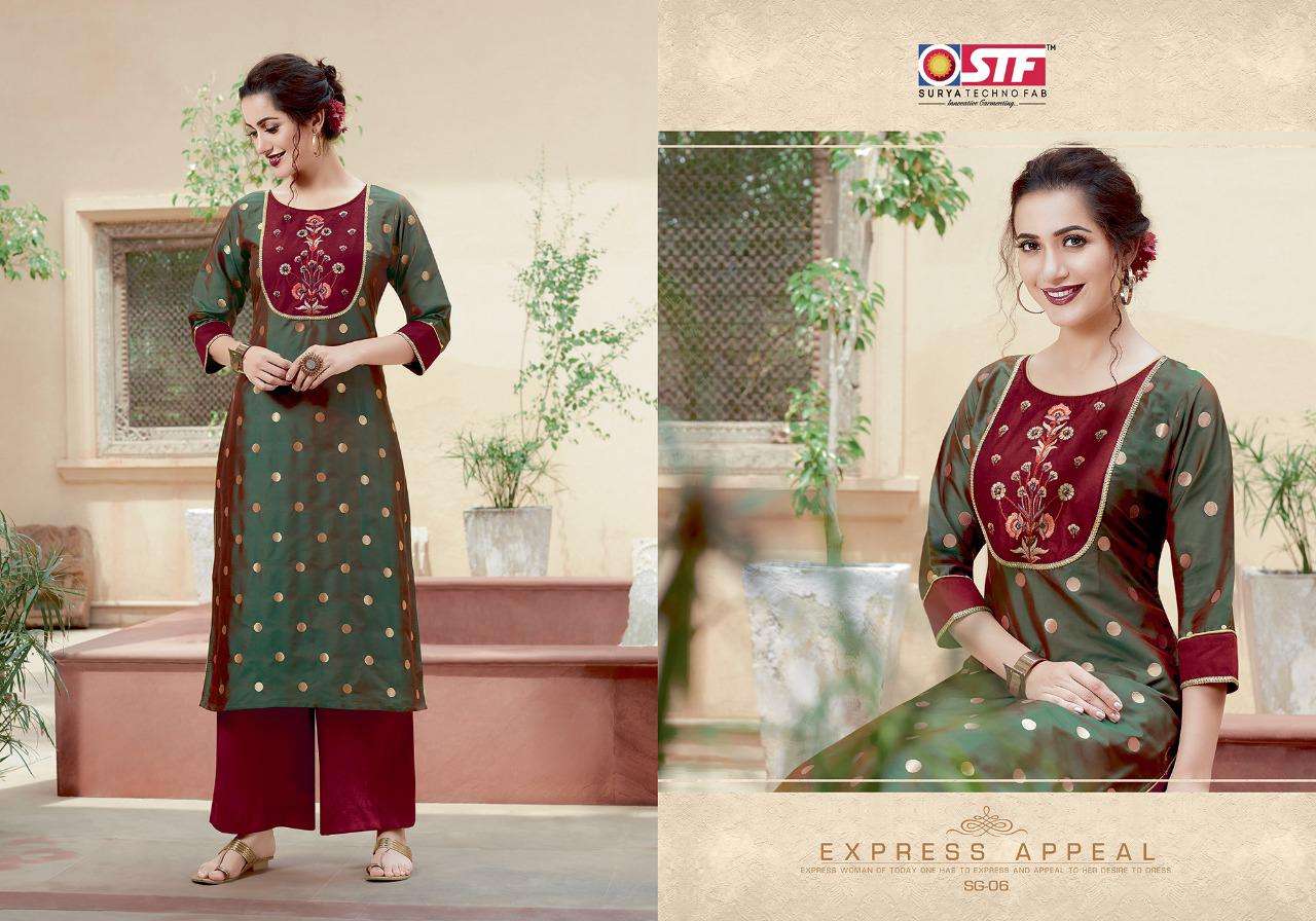SANGHINI BY SURYA TECHNO FAB 01 TO 08 SERIES BEAUTIFUL STYLISH FANCY COLORFUL CASUAL WEAR & ETHNIC WEAR & READY TO WEAR SILK JACQUARD WITH ASTER KURTIS AT WHOLESALE PRICE