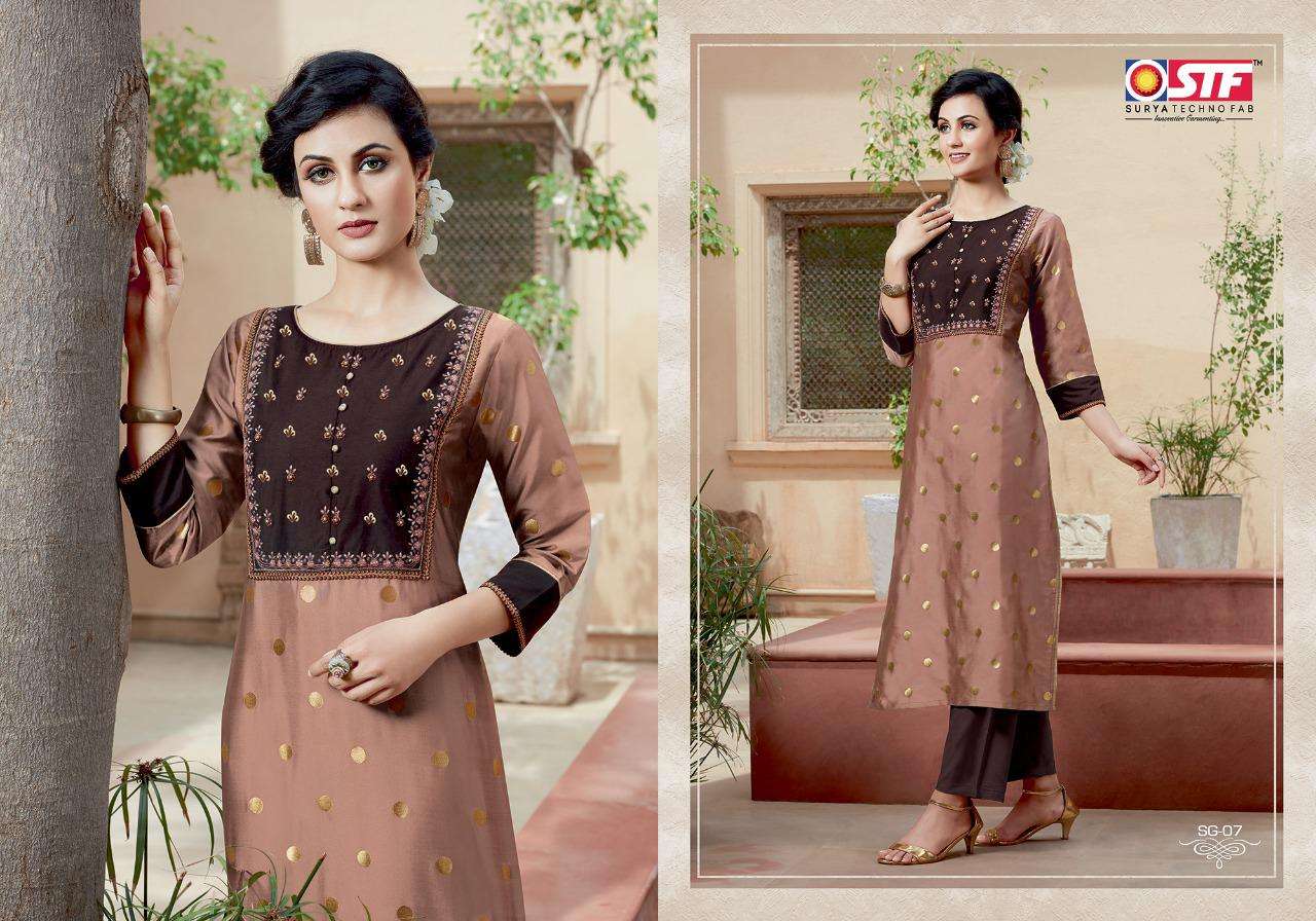 SANGHINI BY SURYA TECHNO FAB 01 TO 08 SERIES BEAUTIFUL STYLISH FANCY COLORFUL CASUAL WEAR & ETHNIC WEAR & READY TO WEAR SILK JACQUARD WITH ASTER KURTIS AT WHOLESALE PRICE