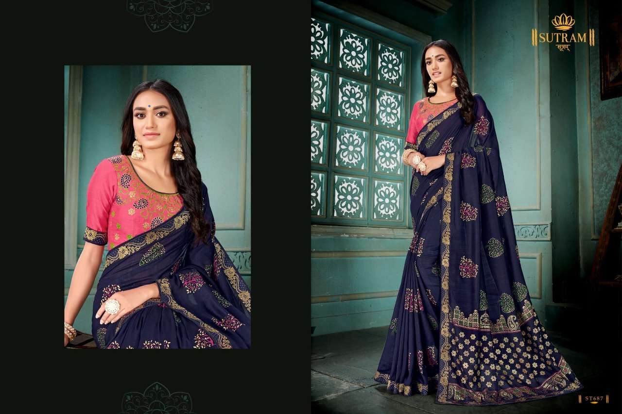 ZEEYA VOL-9 BY SUTRAM 686 TO 693 SERIES INDIAN TRADITIONAL WEAR COLLECTION BEAUTIFUL STYLISH FANCY COLORFUL PARTY WEAR & OCCASIONAL WEAR VICHITRA SILK EMBROIDERED SAREES AT WHOLESALE PRICE