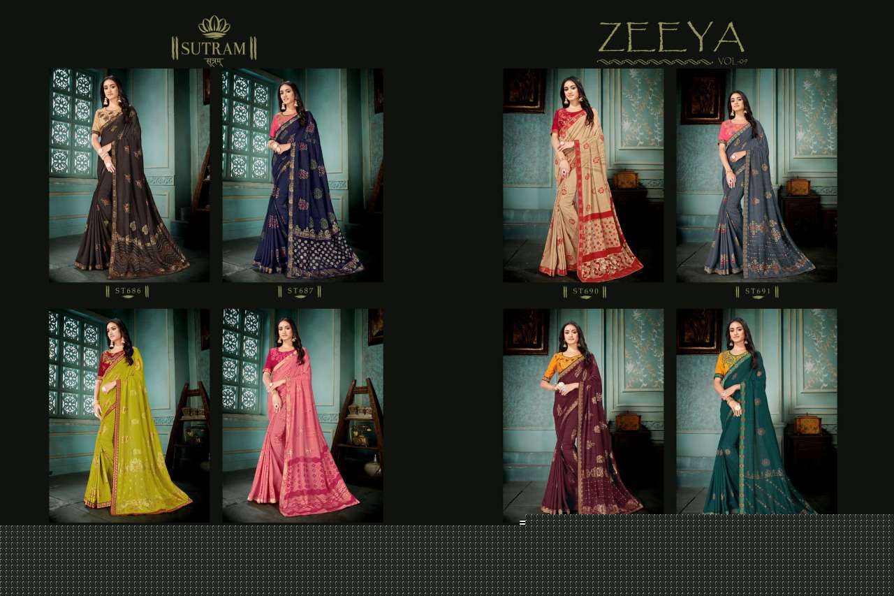 ZEEYA VOL-9 BY SUTRAM 686 TO 693 SERIES INDIAN TRADITIONAL WEAR COLLECTION BEAUTIFUL STYLISH FANCY COLORFUL PARTY WEAR & OCCASIONAL WEAR VICHITRA SILK EMBROIDERED SAREES AT WHOLESALE PRICE