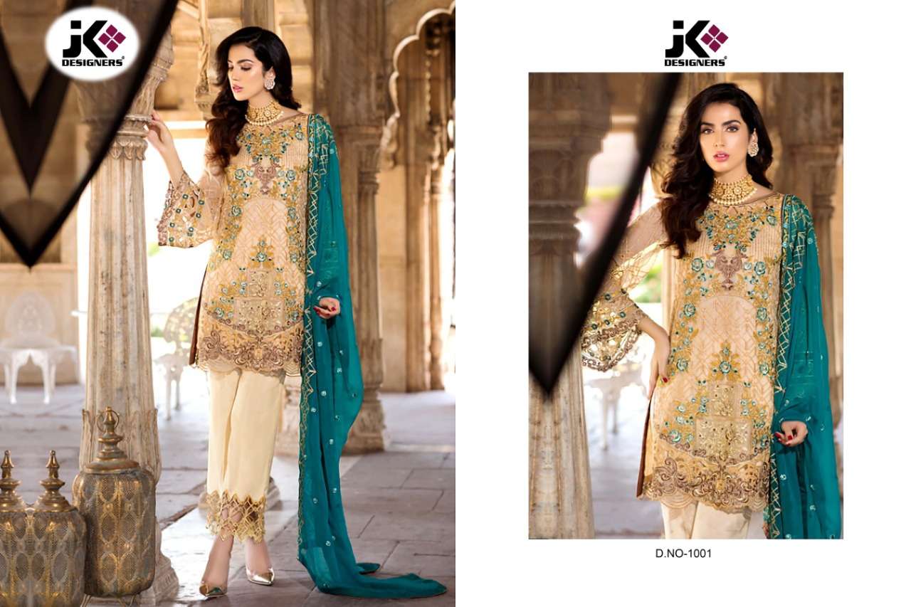 GUJARISH BY JK DESIGNER 1001 TO 1005 SERIES PAKISTANI TRADITIONAL WEAR COLLECTION BEAUTIFUL STYLISH FANCY COLORFUL PARTY WEAR & OCCASIONAL WEAR GEORGETTE WITH HEAVY EMBROIDERY DRESS AT WHOLESALE PRICE