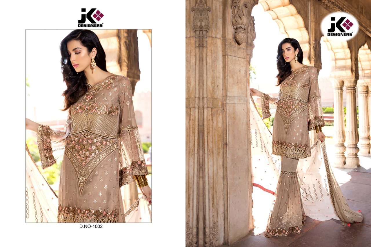 GUJARISH BY JK DESIGNER 1001 TO 1005 SERIES PAKISTANI TRADITIONAL WEAR COLLECTION BEAUTIFUL STYLISH FANCY COLORFUL PARTY WEAR & OCCASIONAL WEAR GEORGETTE WITH HEAVY EMBROIDERY DRESS AT WHOLESALE PRICE