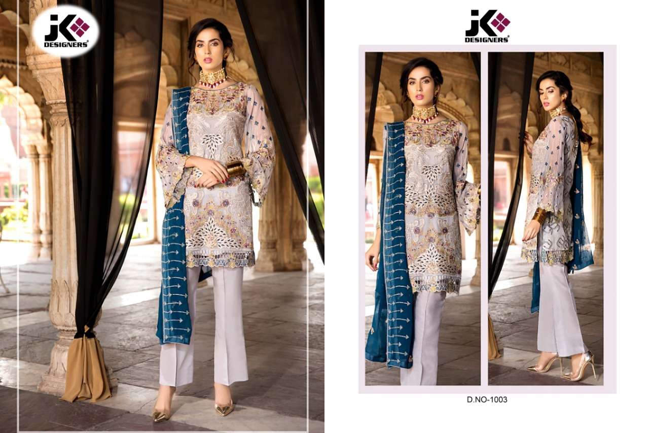 GUJARISH BY JK DESIGNER 1001 TO 1005 SERIES PAKISTANI TRADITIONAL WEAR COLLECTION BEAUTIFUL STYLISH FANCY COLORFUL PARTY WEAR & OCCASIONAL WEAR GEORGETTE WITH HEAVY EMBROIDERY DRESS AT WHOLESALE PRICE