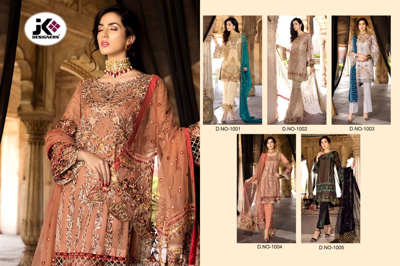 GUJARISH BY JK DESIGNER 1001 TO 1005 SERIES PAKISTANI TRADITIONAL WEAR COLLECTION BEAUTIFUL STYLISH FANCY COLORFUL PARTY WEAR & OCCASIONAL WEAR GEORGETTE WITH HEAVY EMBROIDERY DRESS AT WHOLESALE PRICE