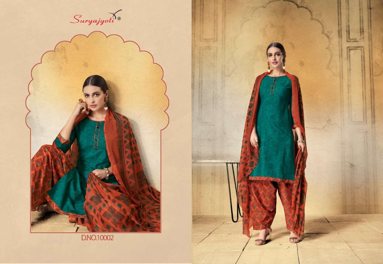 CHIFFON PATIALA VOL-10 BY SURYAJYOTI 10001 TO 10010 SERIES BEAUTIFUL STYLISH FANCY COLORFUL CASUAL WEAR & ETHNIC WEAR SATIN COTTON PRINTED DRESSES AT WHOLESALE PRICE