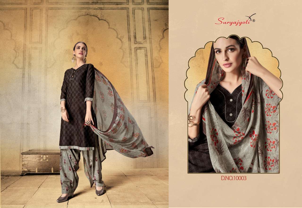 CHIFFON PATIALA VOL-10 BY SURYAJYOTI 10001 TO 10010 SERIES BEAUTIFUL STYLISH FANCY COLORFUL CASUAL WEAR & ETHNIC WEAR SATIN COTTON PRINTED DRESSES AT WHOLESALE PRICE