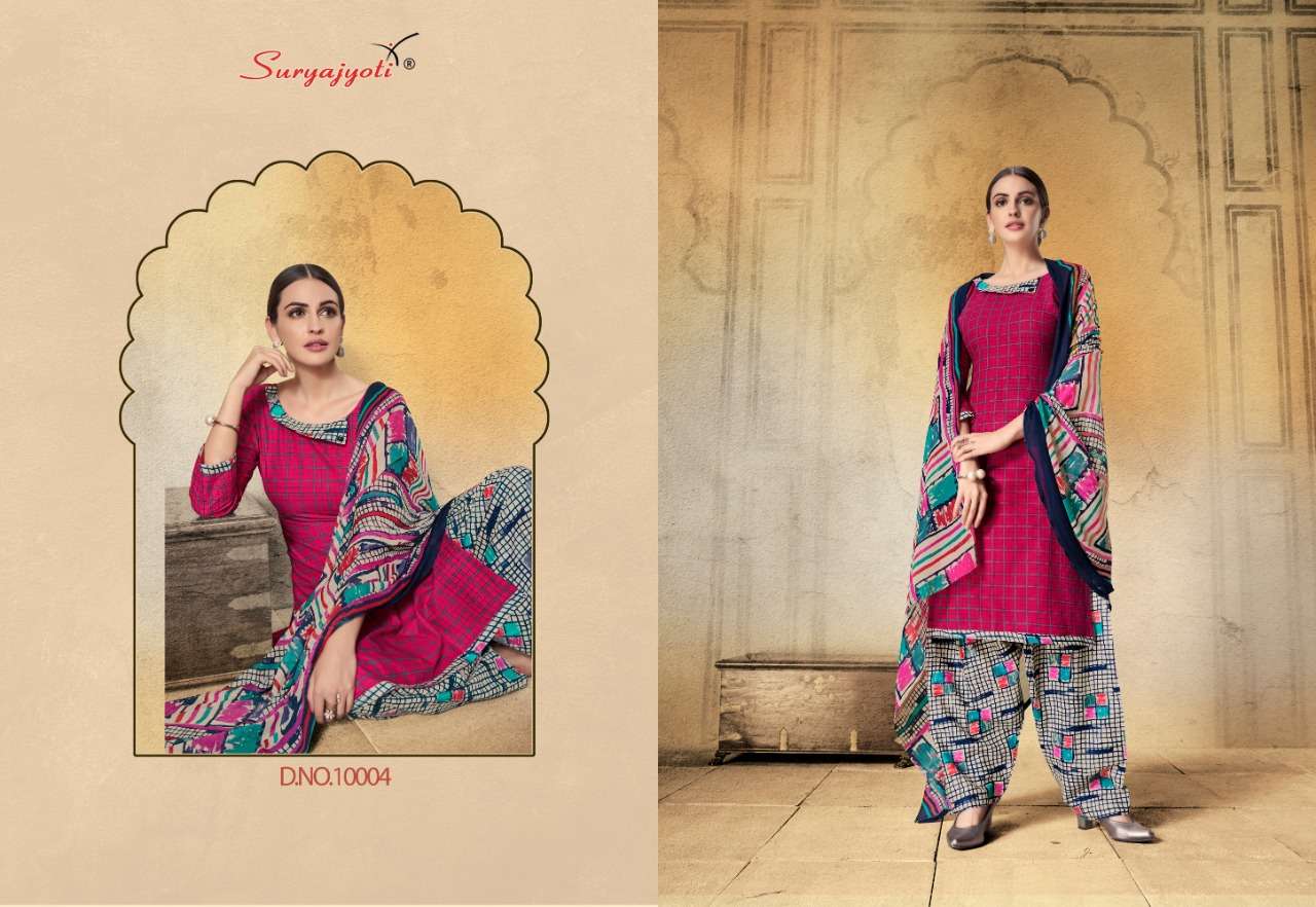 CHIFFON PATIALA VOL-10 BY SURYAJYOTI 10001 TO 10010 SERIES BEAUTIFUL STYLISH FANCY COLORFUL CASUAL WEAR & ETHNIC WEAR SATIN COTTON PRINTED DRESSES AT WHOLESALE PRICE