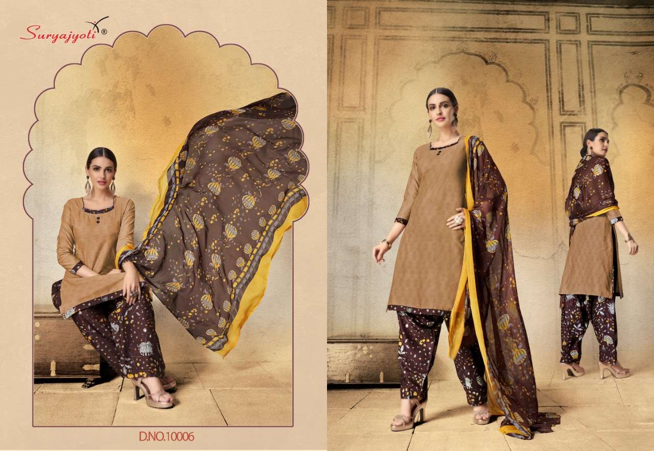 CHIFFON PATIALA VOL-10 BY SURYAJYOTI 10001 TO 10010 SERIES BEAUTIFUL STYLISH FANCY COLORFUL CASUAL WEAR & ETHNIC WEAR SATIN COTTON PRINTED DRESSES AT WHOLESALE PRICE