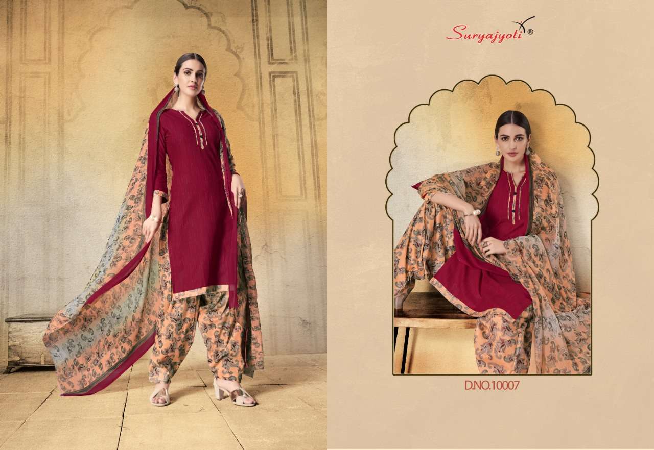 CHIFFON PATIALA VOL-10 BY SURYAJYOTI 10001 TO 10010 SERIES BEAUTIFUL STYLISH FANCY COLORFUL CASUAL WEAR & ETHNIC WEAR SATIN COTTON PRINTED DRESSES AT WHOLESALE PRICE
