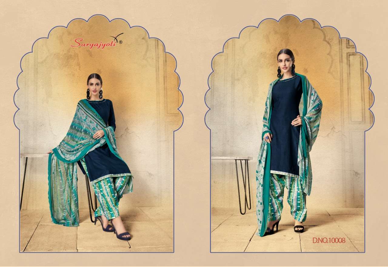 CHIFFON PATIALA VOL-10 BY SURYAJYOTI 10001 TO 10010 SERIES BEAUTIFUL STYLISH FANCY COLORFUL CASUAL WEAR & ETHNIC WEAR SATIN COTTON PRINTED DRESSES AT WHOLESALE PRICE