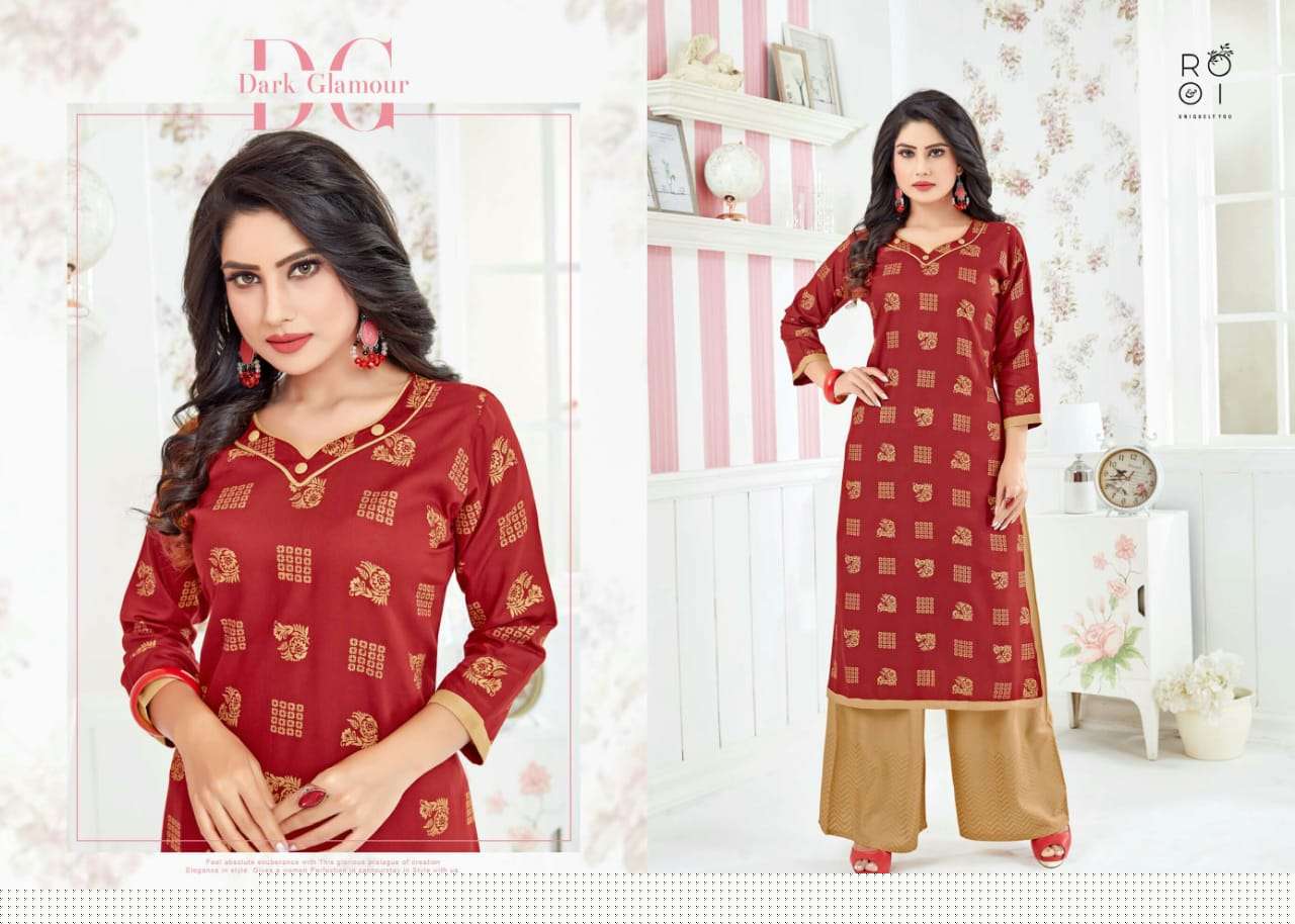 FESTIVE COLOURS BY ROOI 1001 TO 1006 SERIES BEAUTIFUL STYLISH FANCY COLORFUL CASUAL WEAR & ETHNIC WEAR & READY TO WEAR HEAVY RAYON GOLD PRINTED KURTIS AT WHOLESALE PRICE