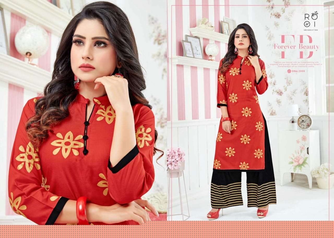 FESTIVE COLOURS BY ROOI 1001 TO 1006 SERIES BEAUTIFUL STYLISH FANCY COLORFUL CASUAL WEAR & ETHNIC WEAR & READY TO WEAR HEAVY RAYON GOLD PRINTED KURTIS AT WHOLESALE PRICE