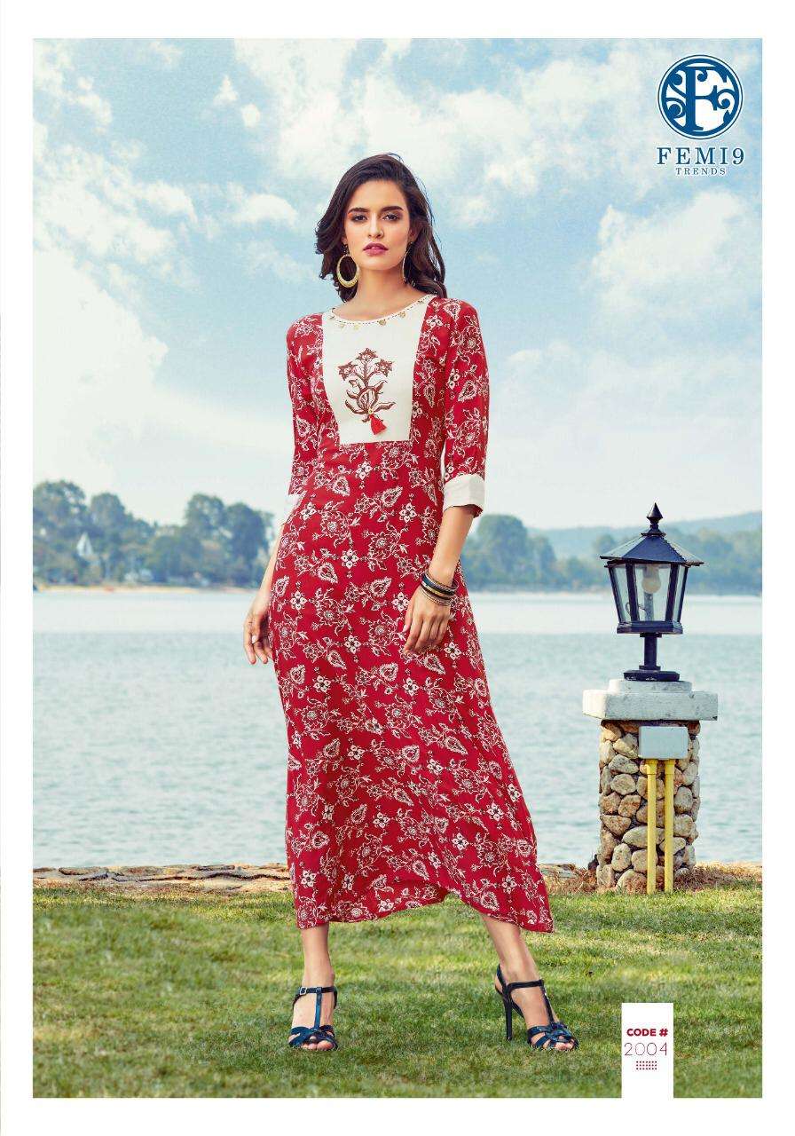 FIZZAH VOL-2 BY FEMI9 TRENDZ 2001 TO 2010 SERIES BEAUTIFUL STYLISH FANCY COLORFUL CASUAL WEAR & ETHNIC WEAR & READY TO WEAR 14 KG RAYON FABULOUS PRINTED KURTIS AT WHOLESALE PRICE