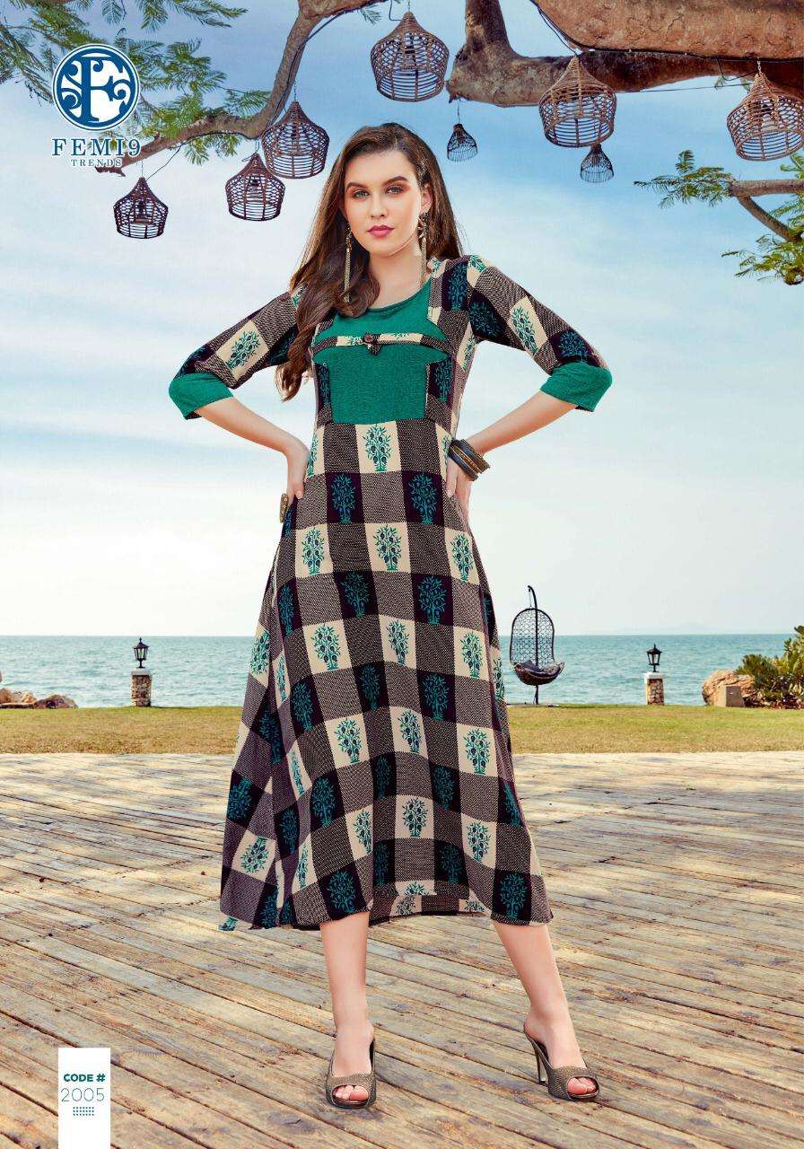 FIZZAH VOL-2 BY FEMI9 TRENDZ 2001 TO 2010 SERIES BEAUTIFUL STYLISH FANCY COLORFUL CASUAL WEAR & ETHNIC WEAR & READY TO WEAR 14 KG RAYON FABULOUS PRINTED KURTIS AT WHOLESALE PRICE