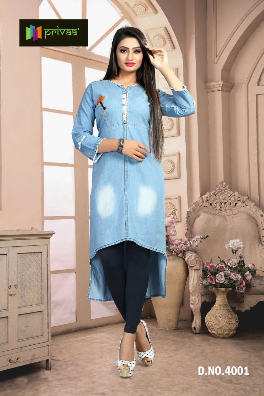 CHOKIDAR VOL-4 BY PRIVAA 4001 TO 4006 SERIES INDIAN TRADITIONAL WEAR COLLECTION BEAUTIFUL STYLISH FANCY COLORFUL PARTY WEAR & OCCASIONAL WEAR DENIM KURTI WITH EMBROIDERY KURTIS AT WHOLESALE PRICE