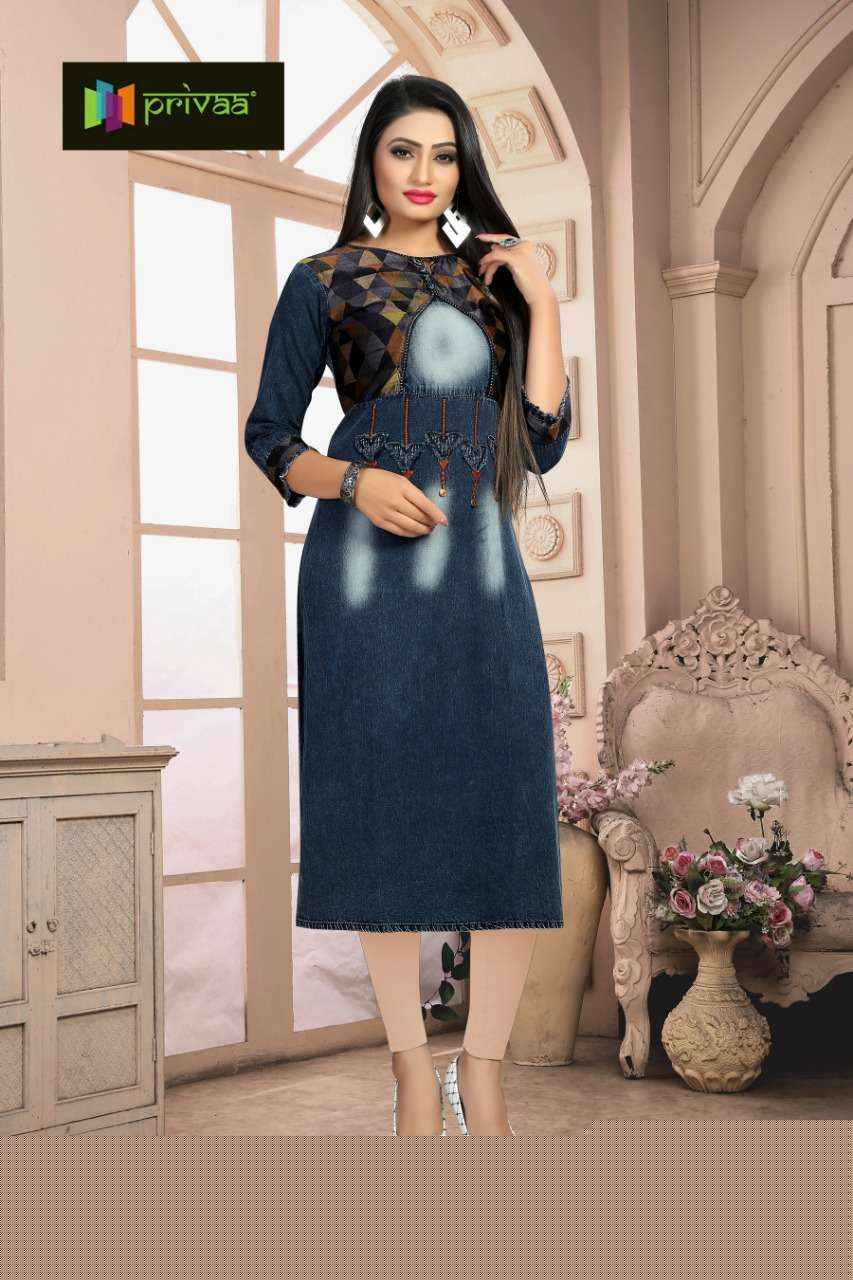 CHOKIDAR VOL-4 BY PRIVAA 4001 TO 4006 SERIES INDIAN TRADITIONAL WEAR COLLECTION BEAUTIFUL STYLISH FANCY COLORFUL PARTY WEAR & OCCASIONAL WEAR DENIM KURTI WITH EMBROIDERY KURTIS AT WHOLESALE PRICE