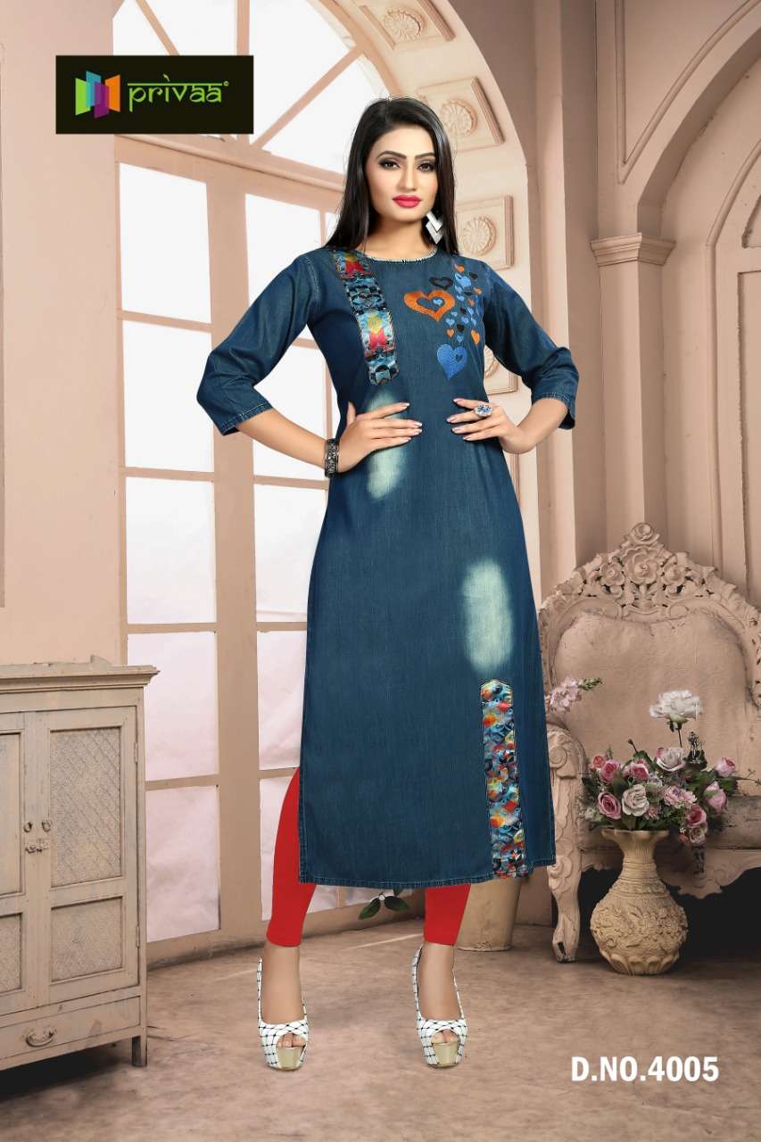CHOKIDAR VOL-4 BY PRIVAA 4001 TO 4006 SERIES INDIAN TRADITIONAL WEAR COLLECTION BEAUTIFUL STYLISH FANCY COLORFUL PARTY WEAR & OCCASIONAL WEAR DENIM KURTI WITH EMBROIDERY KURTIS AT WHOLESALE PRICE